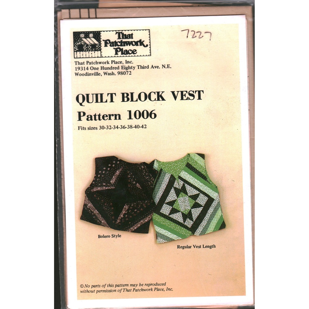 That Patchwork Place Quilt Block Vest Pattern 1006 Vintage Sewing Sizes 30-42‎
